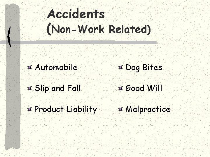 Accidents (Non-Work Related) Automobile Dog Bites Slip and Fall Good Will Product Liability Malpractice