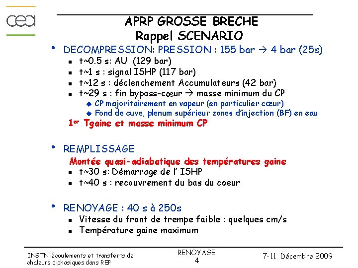  • APRP GROSSE BRECHE Rappel SCENARIO DECOMPRESSION: PRESSION : 155 bar 4 bar