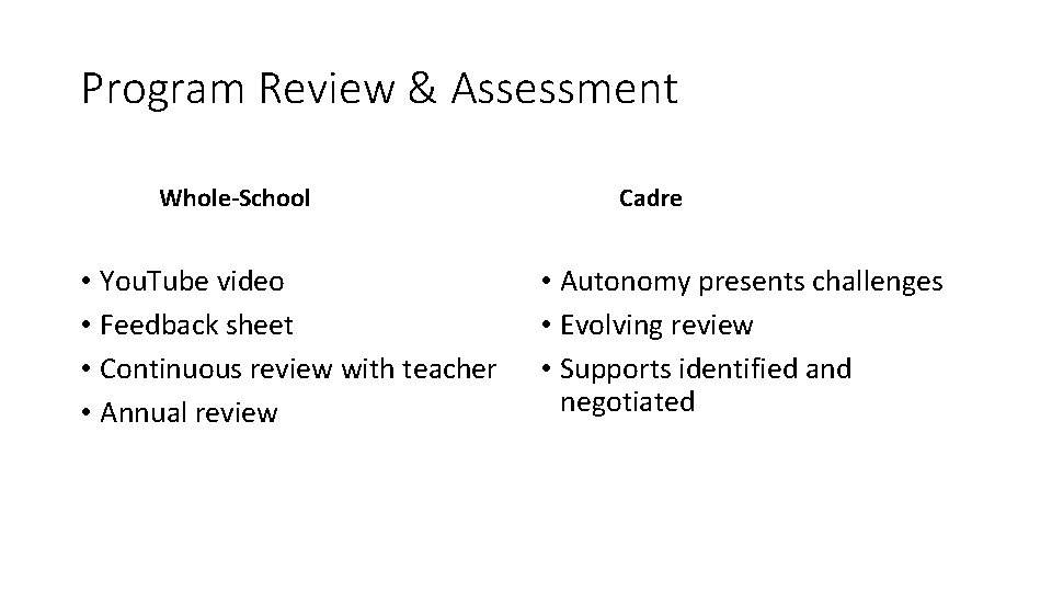 Program Review & Assessment Whole-School • You. Tube video • Feedback sheet • Continuous