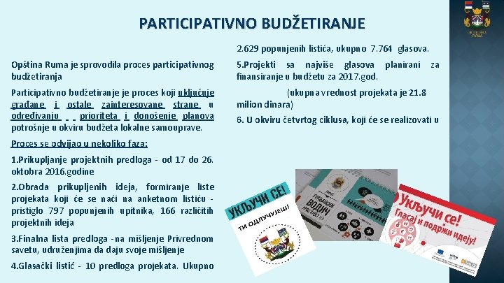 PARTICIPATIVNO BUDŽETIRANJE 2. 629 popunjenih listića, ukupno 7. 764 glasova. Opština Ruma je sprovodila