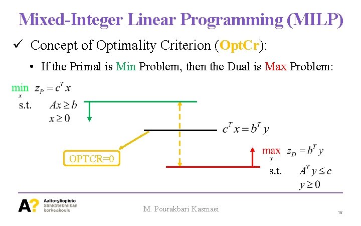 Mixed-Integer Linear Programming (MILP) ü Concept of Optimality Criterion (Opt. Cr): • If the
