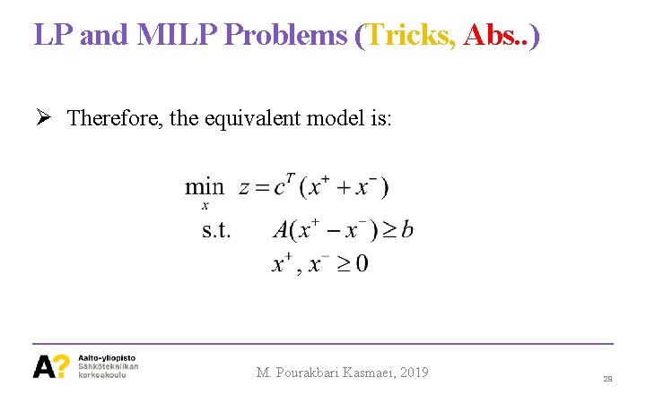 LP and MILP Problems (Tricks, Abs. . ) Ø Therefore, the equivalent model is: