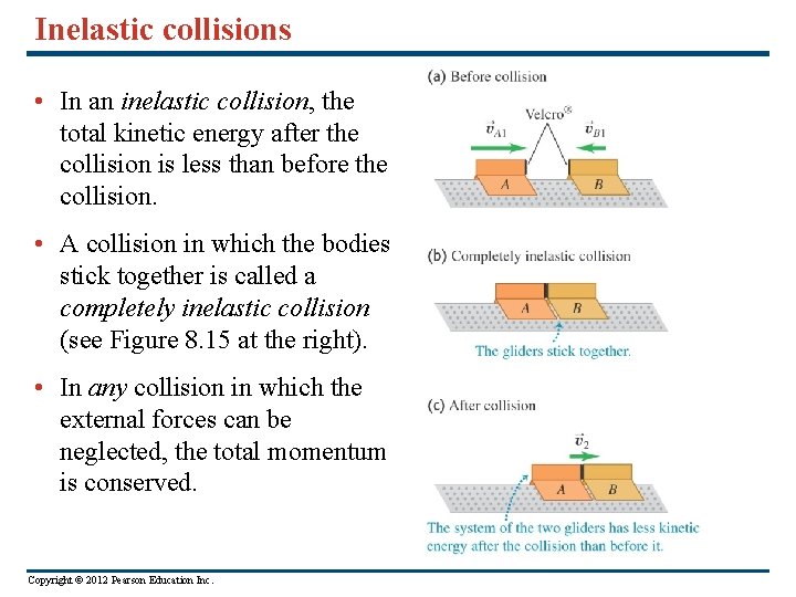 Inelastic collisions • In an inelastic collision, the total kinetic energy after the collision