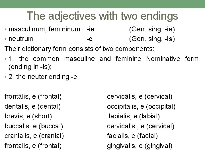 The adjectives with two endings • masculinum, femininum -is (Gen. sing. -is) • neutrum The adjectives with two endings • masculinum, femininum -is (Gen. sing. -is) • neutrum