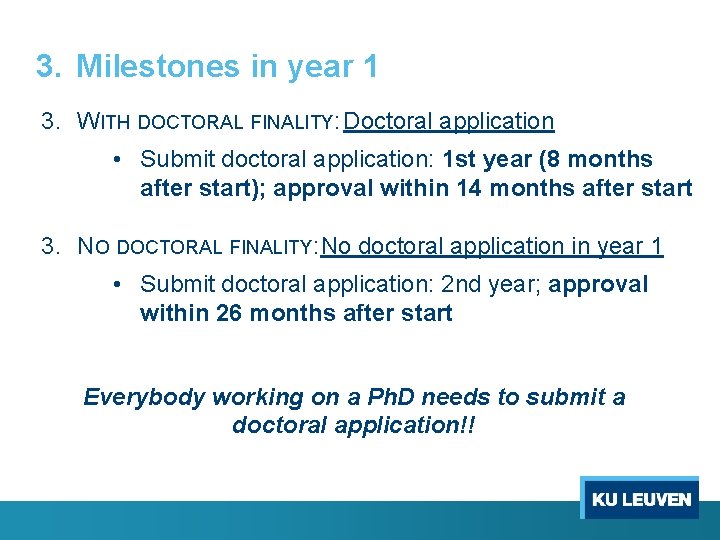 3. Milestones in year 1 3. WITH DOCTORAL FINALITY: Doctoral application • Submit doctoral