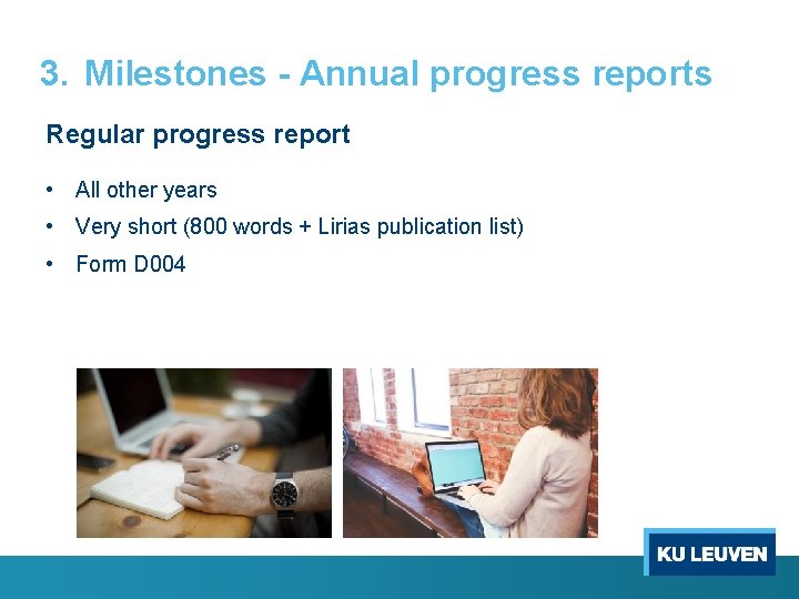 3. Milestones - Annual progress reports Regular progress report • All other years •