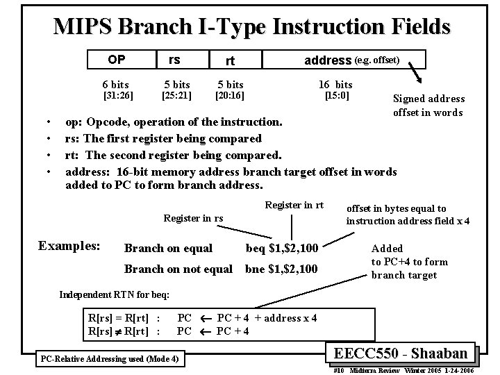 MIPS Branch I-Type Instruction Fields OP rs rt 6 bits 5 bits [31: 26]