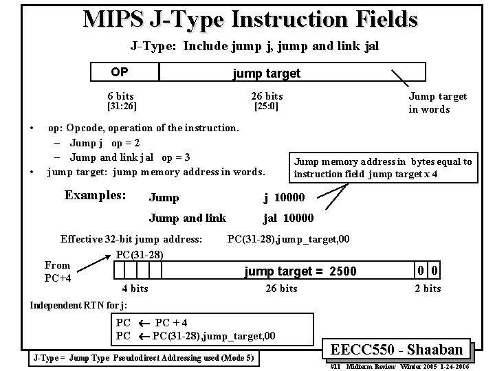 MIPS J-Type Instruction Fields J-Type: Include jump j, jump and link jal OP jump