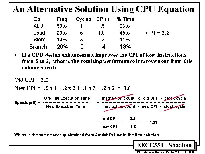 An Alternative Solution Using CPU Equation Op ALU Load Store Freq 50% 20% 10%