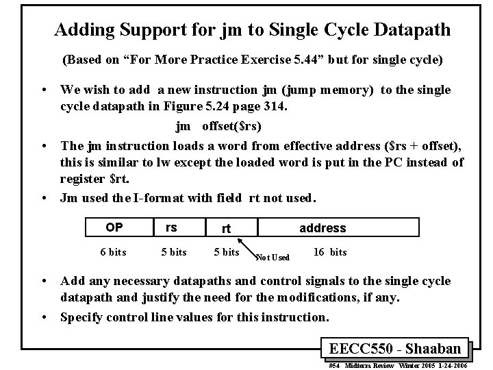 Adding Support for jm to Single Cycle Datapath (Based on “For More Practice Exercise