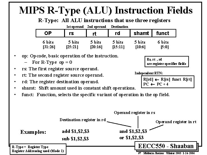 MIPS R-Type (ALU) Instruction Fields R-Type: All ALU instructions that use three registers 1