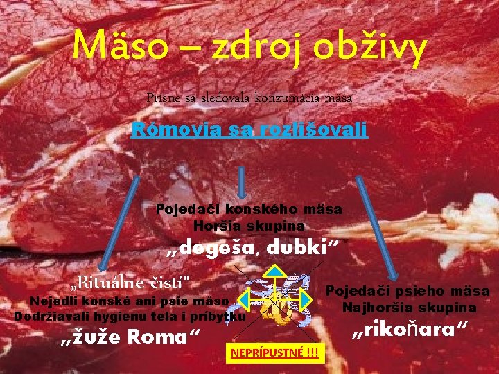 Mäso – zdroj obživy Prísne sa sledovala konzumácia mäsa Rómovia sa rozlišovali Pojedači konského