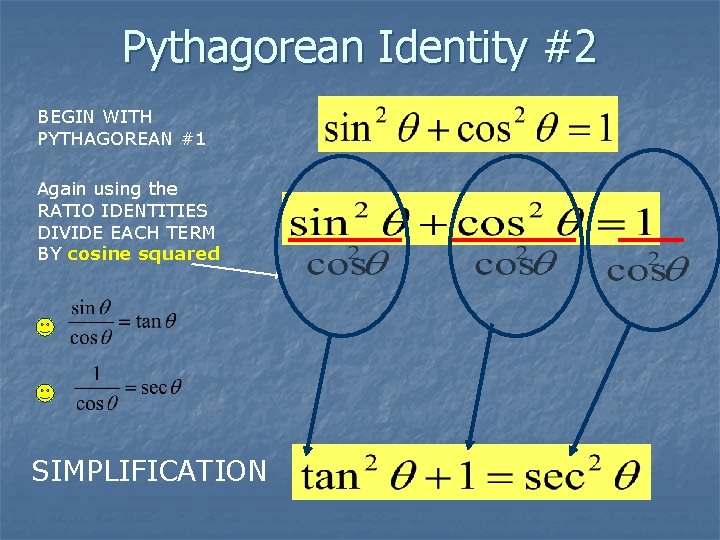 Pythagorean Identity #2 BEGIN WITH PYTHAGOREAN #1 Again using the RATIO IDENTITIES DIVIDE EACH