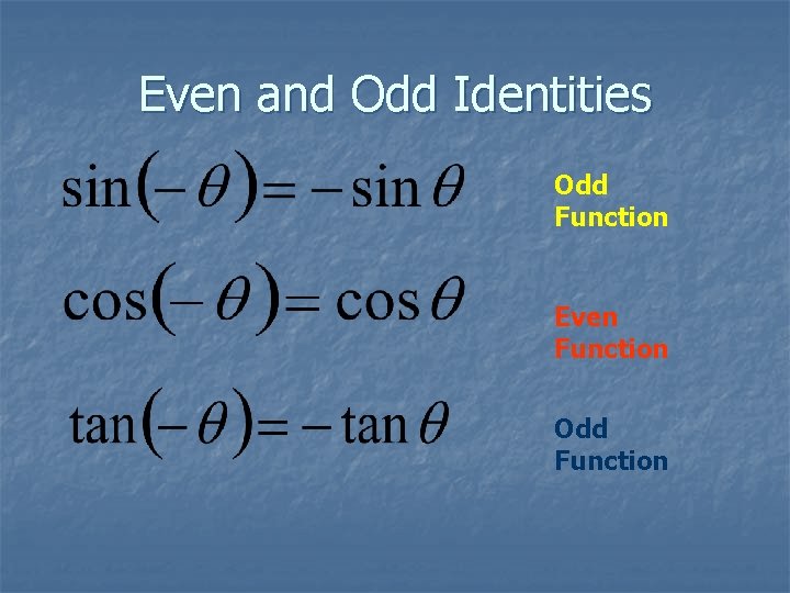 Even and Odd Identities Odd Function Even Function Odd Function 