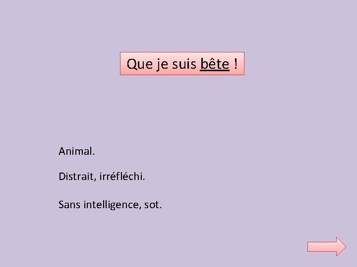 Que je suis bête ! Animal. Distrait, irréfléchi. Sans intelligence, sot. 