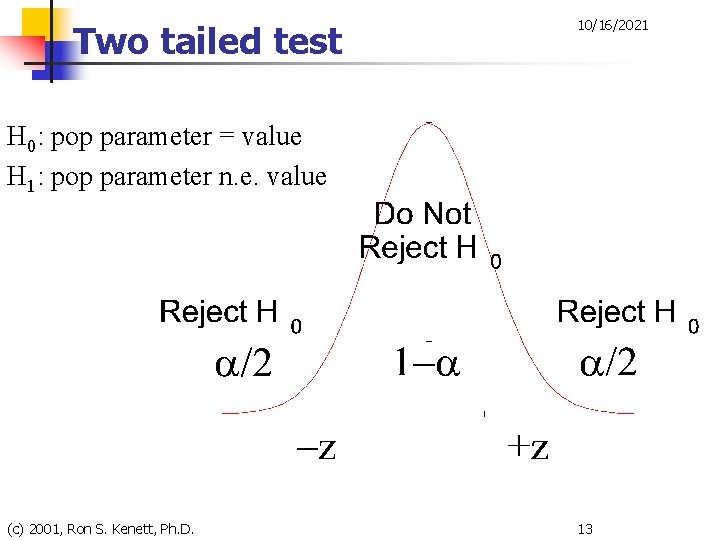 Two tailed test 10/16/2021 H 0: pop parameter = value H 1: pop parameter