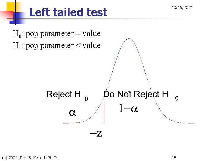 Left tailed test 10/16/2021 H 0: pop parameter = value H 1: pop parameter