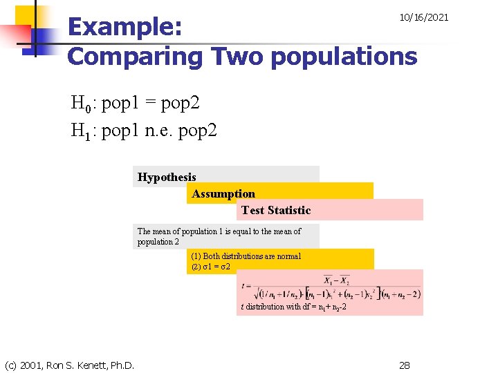 Example: Comparing Two populations 10/16/2021 H 0: pop 1 = pop 2 H 1: