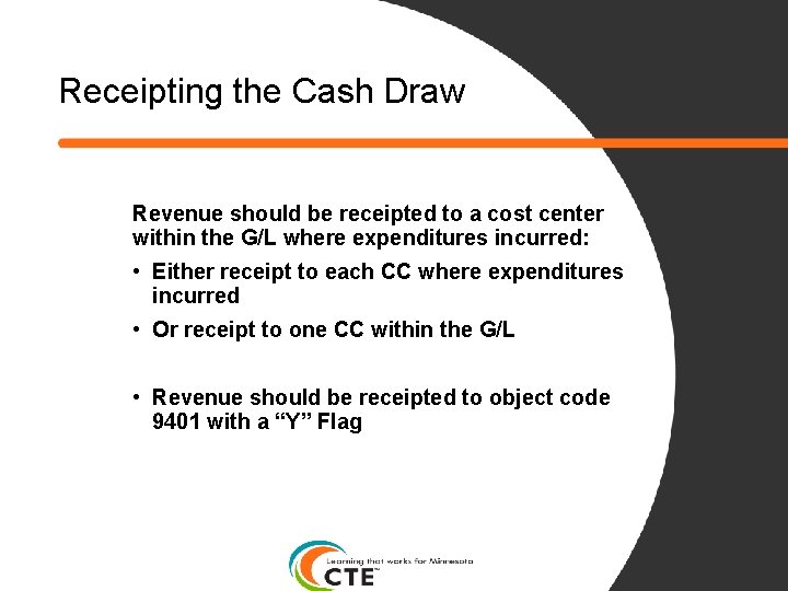 Receipting the Cash Draw Revenue should be receipted to a cost center within the