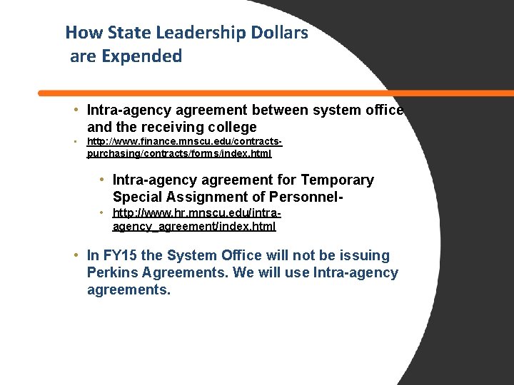 How State Leadership Dollars are Expended • Intra-agency agreement between system office and the