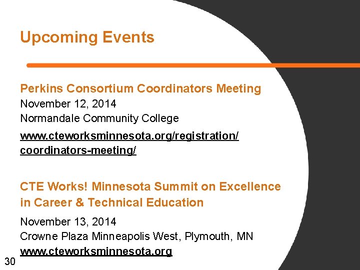 Upcoming Events Perkins Consortium Coordinators Meeting November 12, 2014 Normandale Community College www. cteworksminnesota.