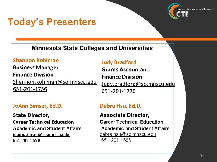 Today’s Presenters Minnesota State Colleges and Universities Shannon Kohlman Business Manager Finance Division Shannon.