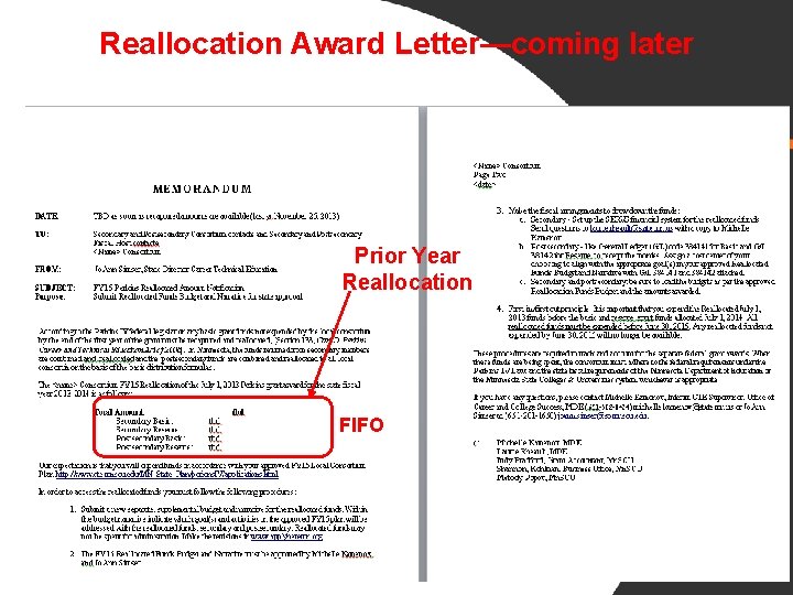 Reallocation Award Letter—coming later Prior Year Reallocation FIFO 