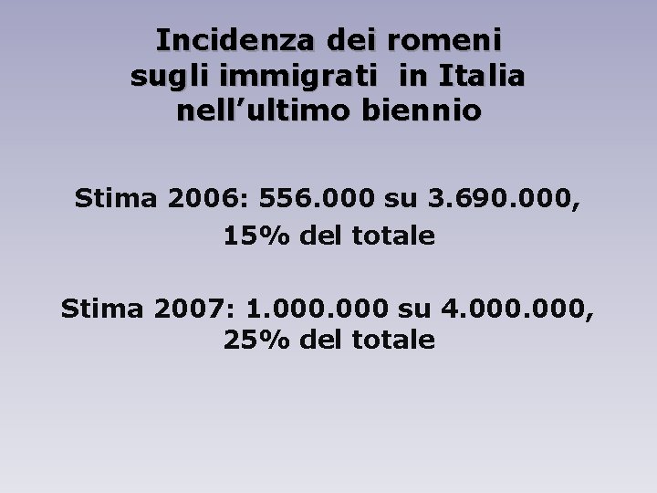 Incidenza dei romeni sugli immigrati in Italia nell’ultimo biennio Stima 2006: 556. 000 su