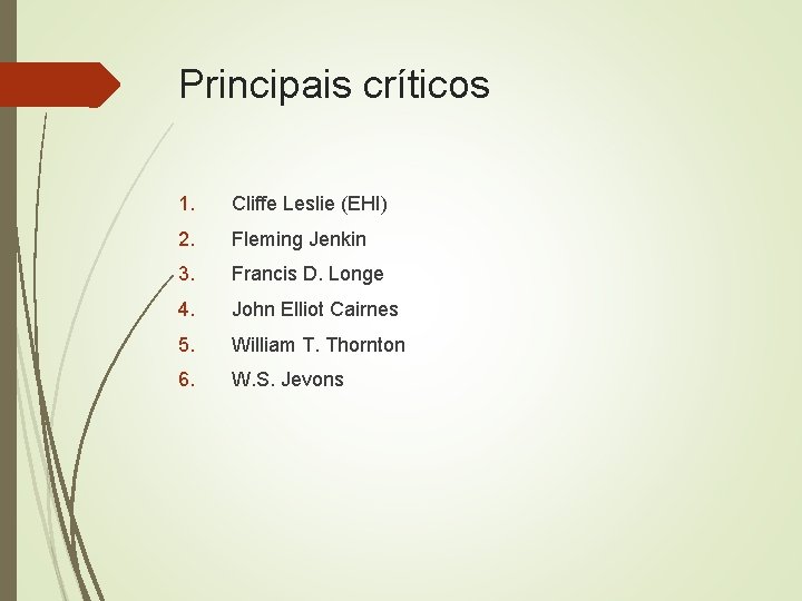 Principais críticos 1. Cliffe Leslie (EHI) 2. Fleming Jenkin 3. Francis D. Longe 4.