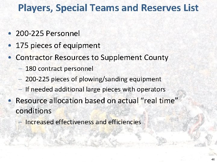 Players, Special Teams and Reserves List • 200 -225 Personnel • 175 pieces of