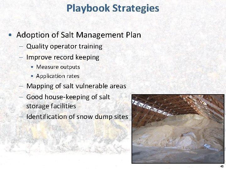 Playbook Strategies • Adoption of Salt Management Plan – Quality operator training – Improve