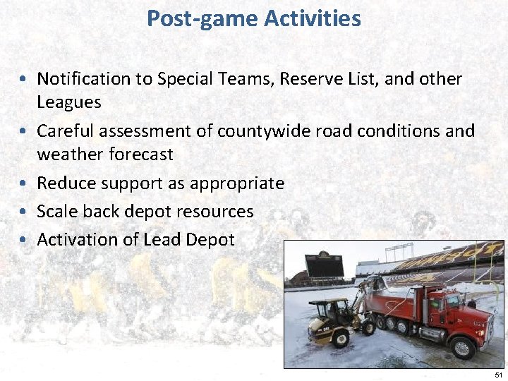 Post-game Activities • Notification to Special Teams, Reserve List, and other Leagues • Careful