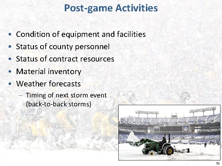 Post-game Activities • • • Condition of equipment and facilities Status of county personnel