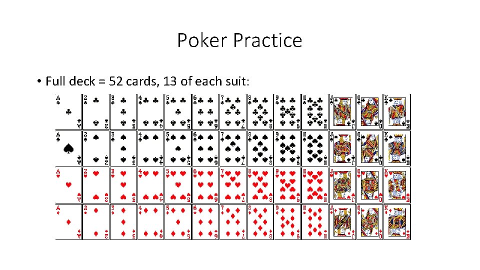 Poker Practice • Full deck = 52 cards, 13 of each suit: 