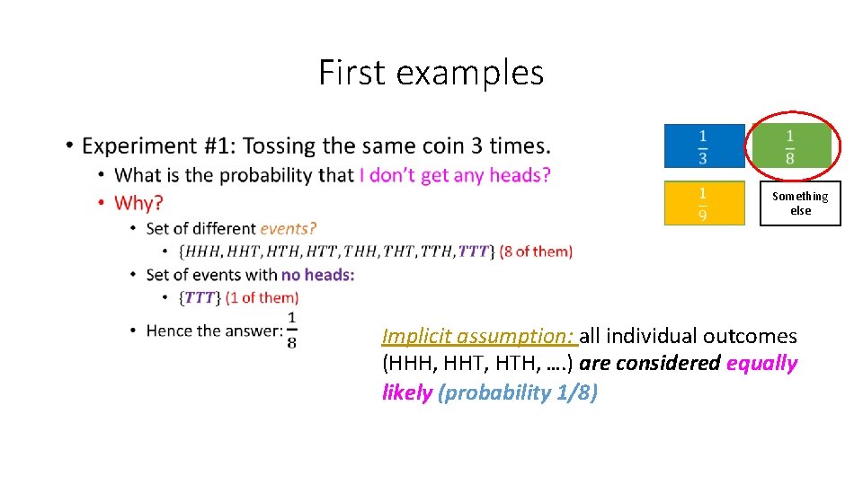 First examples • Something else Implicit assumption: all individual outcomes (HHH, HHT, HTH, ….