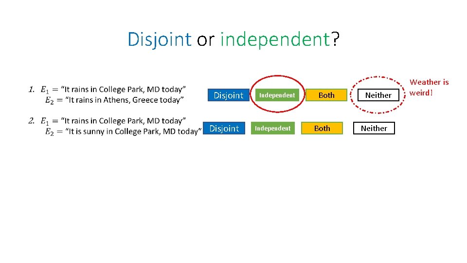 Disjoint or independent? Disjoint Independent Both Neither Weather is weird! 