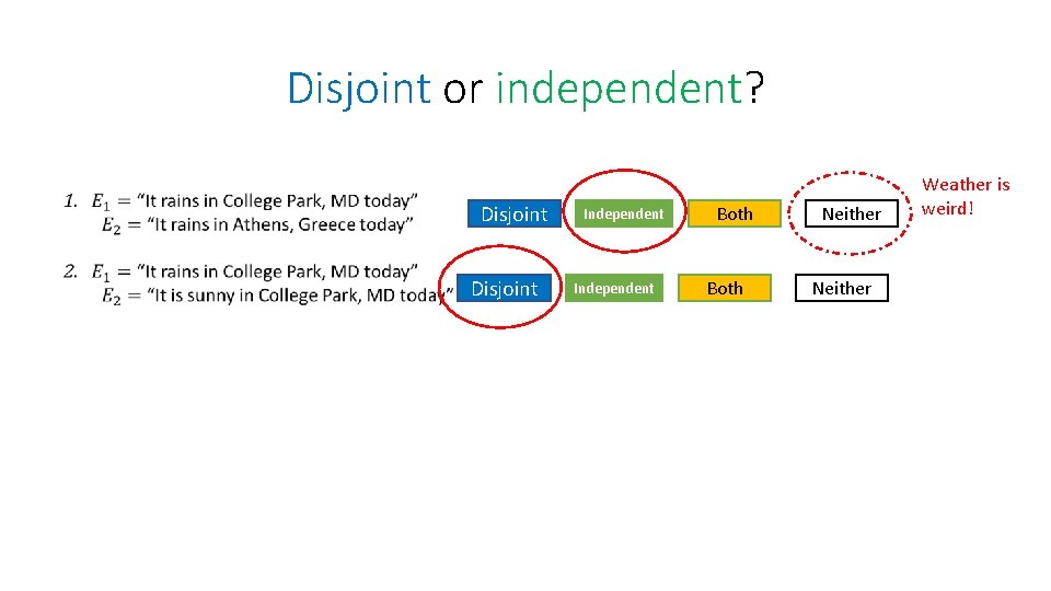 Disjoint or independent? Disjoint Independent Both Neither Weather is weird! 