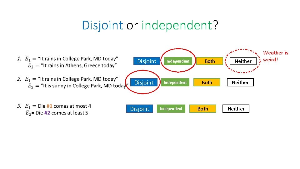 Disjoint or independent? Disjoint Independent Both Neither Weather is weird! 