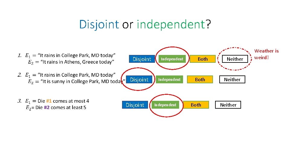 Disjoint or independent? Disjoint Independent Both Neither Weather is weird! 