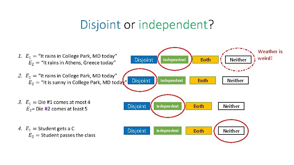 Disjoint or independent? Disjoint Independent Both Neither Weather is weird! 