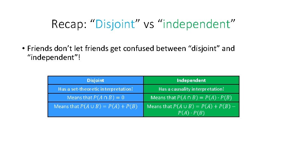 Recap: “Disjoint” vs “independent” • Friends don’t let friends get confused between “disjoint” and
