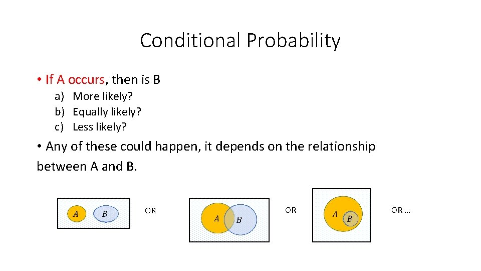 Conditional Probability • If A occurs, then is B a) More likely? b) Equally