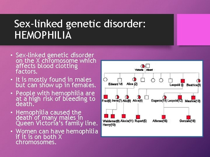 Sex-linked genetic disorder: HEMOPHILIA • Sex-linked genetic disorder on the X chromosome which affects