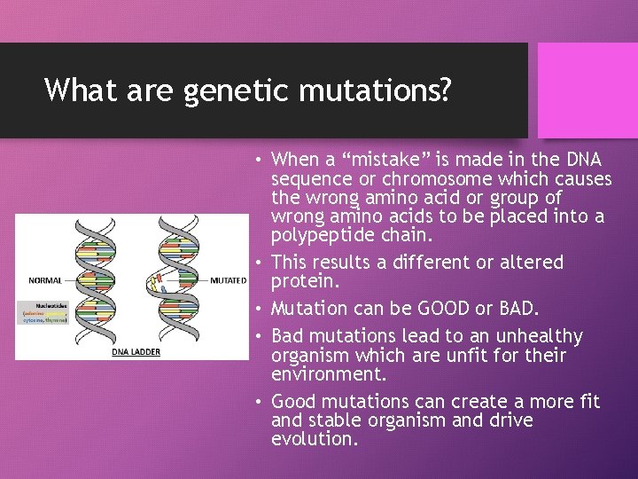 What are genetic mutations? • When a “mistake” is made in the DNA sequence