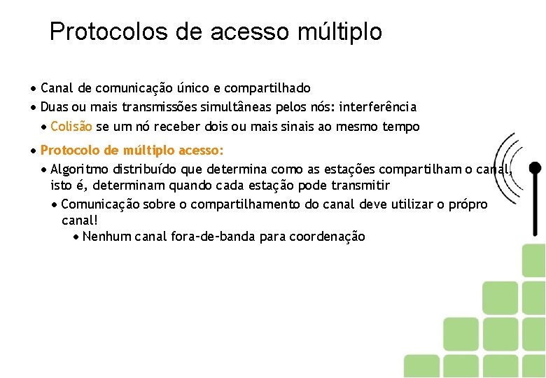 Protocolos de acesso múltiplo Canal de comunicação único e compartilhado Duas ou mais transmissões