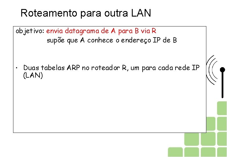 Roteamento para outra LAN objetivo: envia datagrama de A para B via R supõe