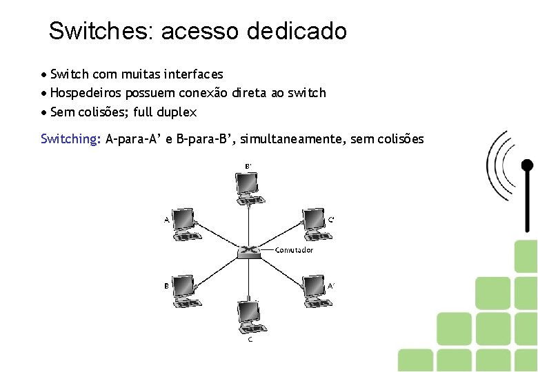 Switches: acesso dedicado Switch com muitas interfaces Hospedeiros possuem conexão direta ao switch Sem