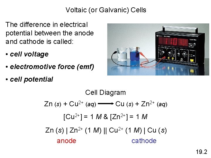 Voltaic (or Galvanic) Cells The difference in electrical potential between the anode and cathode