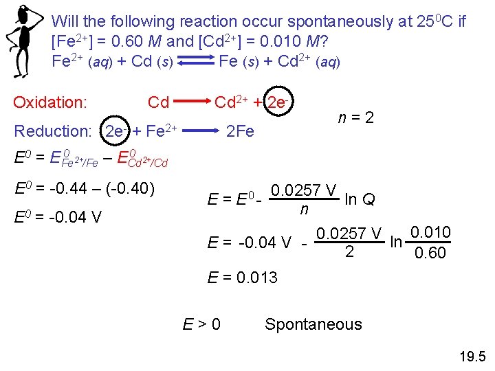 Will the following reaction occur spontaneously at 250 C if [Fe 2+] = 0.