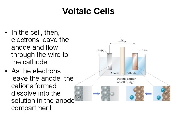 Voltaic Cells • In the cell, then, electrons leave the anode and flow through